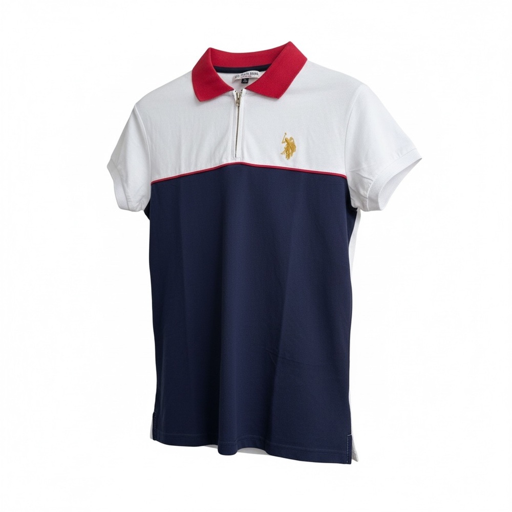 U.S. Polo Assn. Colorblock Zip Short Sleeve Polo Navy White Women’s Sz Medium - Picture 3 of 6